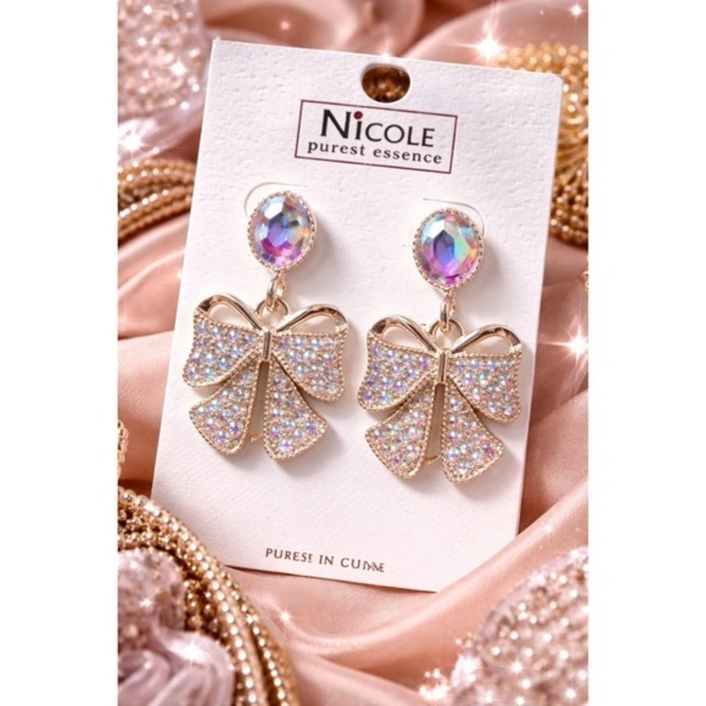 Gold tone Rhinestone Bow Drop Earrings | Iridescent Crystal Statement Earrings